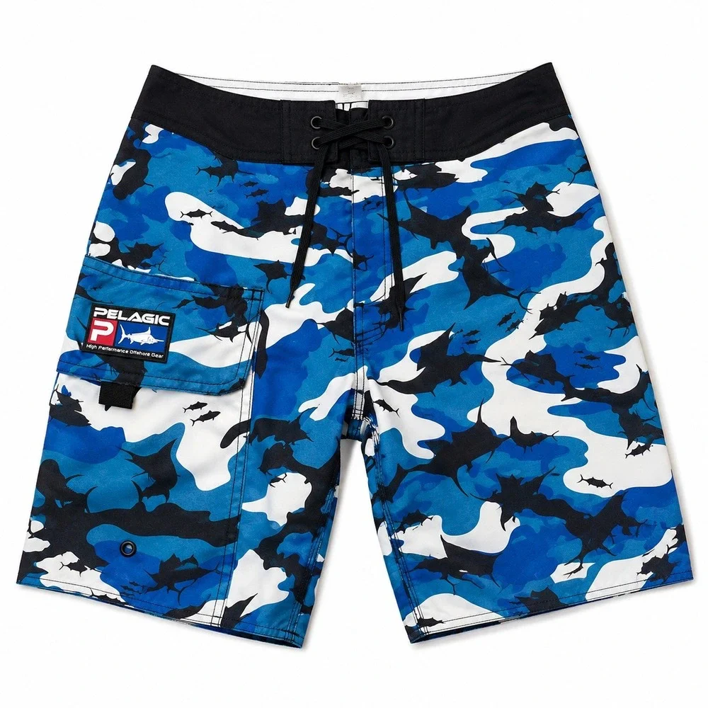 Pelagic Board Shorts Mens 34 Blue Fish Camo Marlin Offshore Fishing Style 222